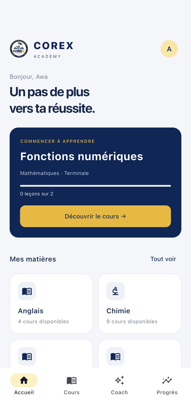 Page d’accueil avec le cours à reprendre et la liste des matières