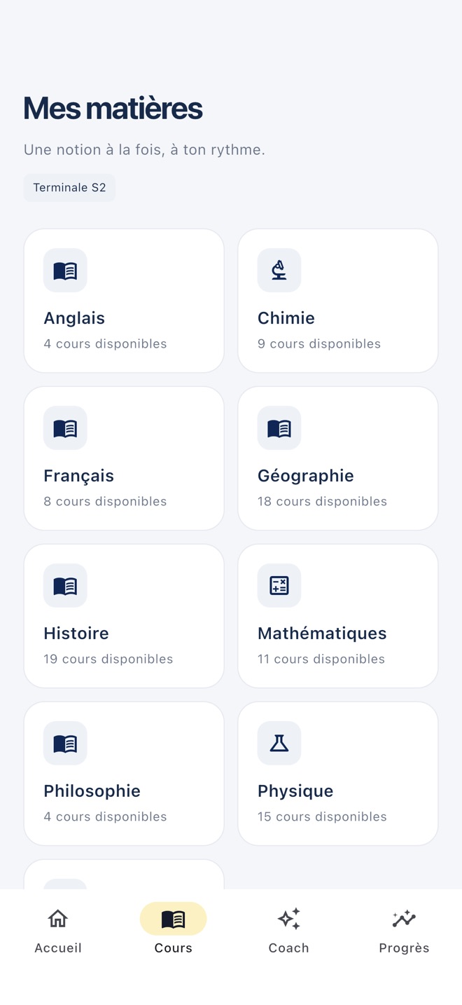 Liste des matières : Mathématiques, SVT, Physique, Chimie, Français, Anglais…