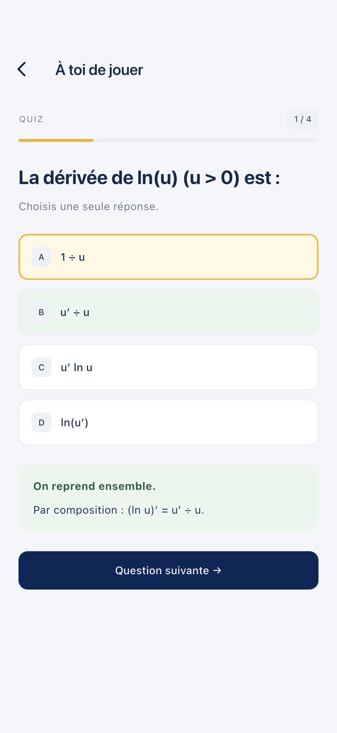 Question de quiz avec la bonne réponse en vert et l’explication